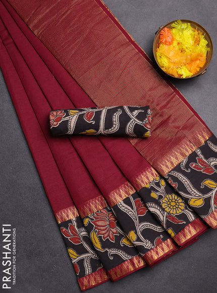 Mangalgiri cotton saree maroon and black with plain body and kalamkari applique work border