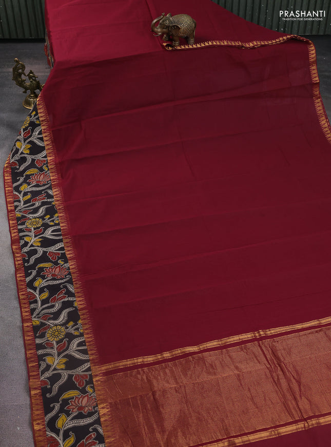 Mangalgiri cotton saree maroon and black with plain body and kalamkari applique work border
