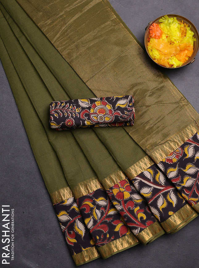 Mangalgiri cotton saree sap green and black with plain body and kalamkari applique work border