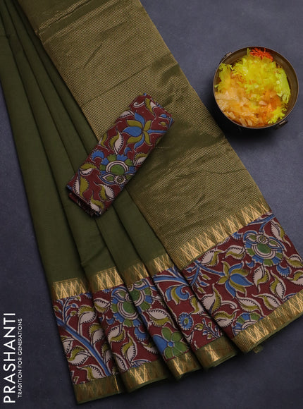 Mangalgiri cotton saree sap green and maroon with plain body and kalamkari applique work border
