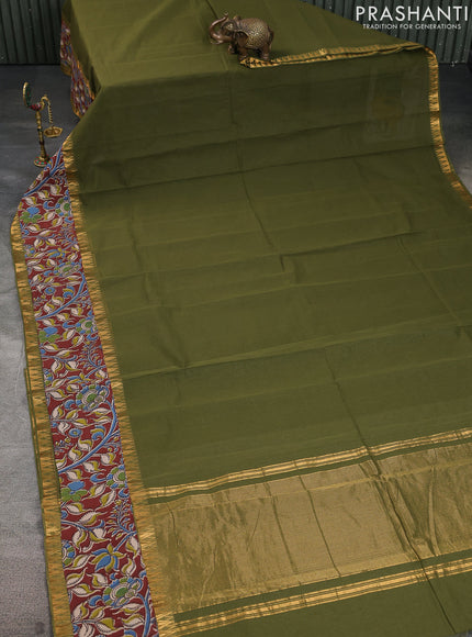 Mangalgiri cotton saree sap green and maroon with plain body and kalamkari applique work border