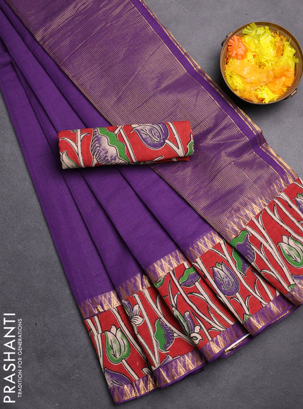 Mangalgiri cotton saree purple and red with plain body and kalamkari applique work border