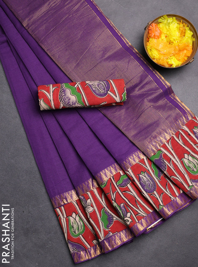 Mangalgiri cotton saree purple and red with plain body and kalamkari applique work border