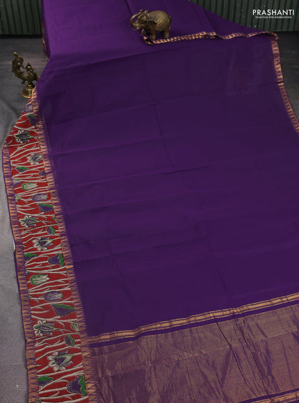 Mangalgiri cotton saree purple and red with plain body and kalamkari applique work border