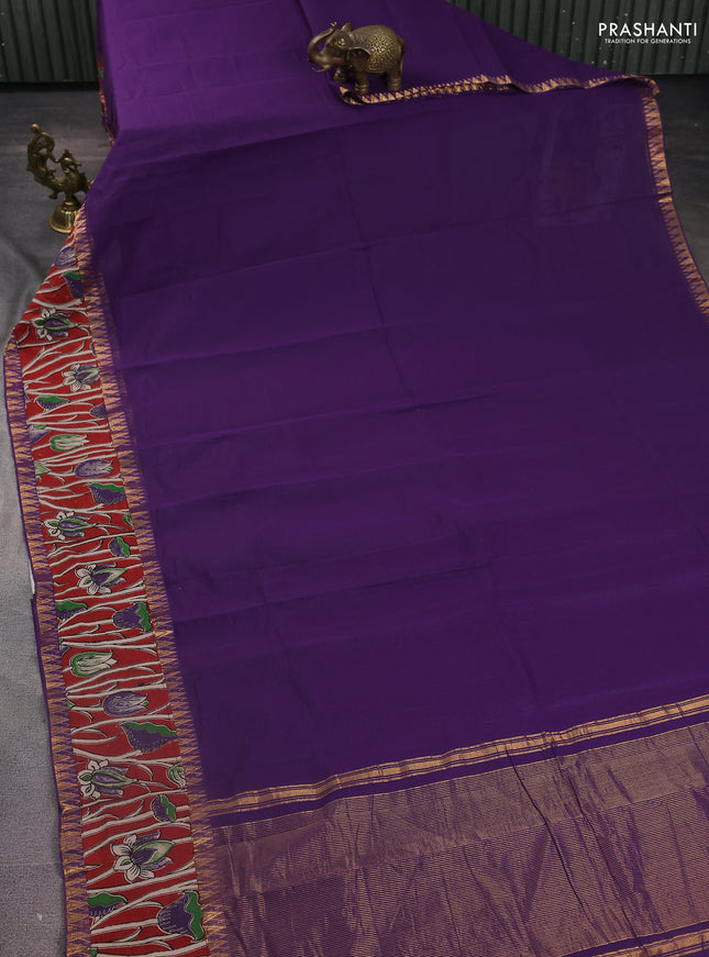 Mangalgiri cotton saree purple and red with plain body and kalamkari applique work border