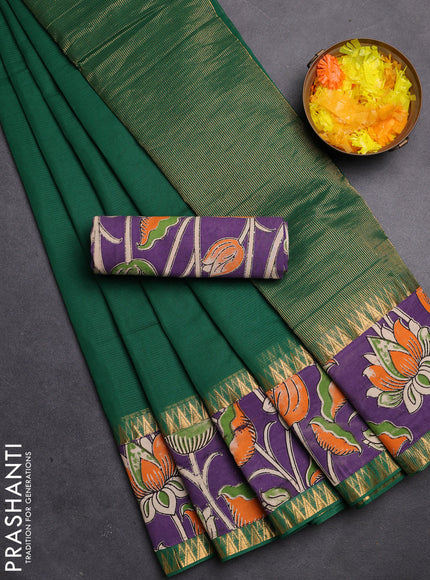 Mangalgiri cotton saree green and violet with plain body and kalamkari applique work border