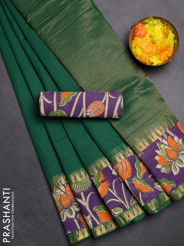 Mangalgiri cotton saree green and violet with plain body and kalamkari applique work border