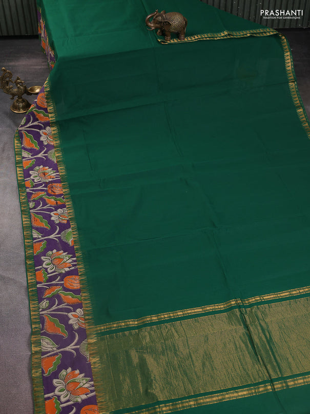 Mangalgiri cotton saree green and violet with plain body and kalamkari applique work border