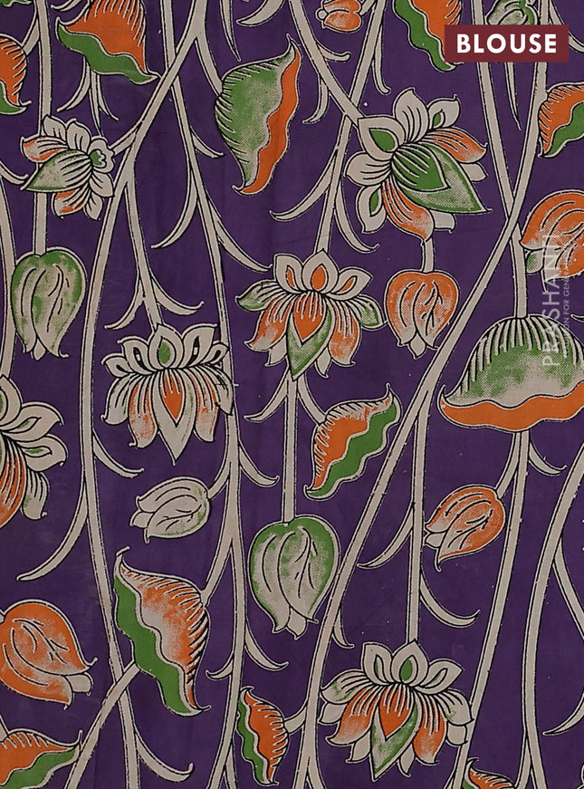 Mangalgiri cotton saree green and violet with plain body and kalamkari applique work border