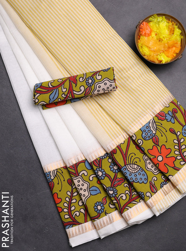 Mangalgiri cotton saree off white and light green with plain body and kalamkari applique work border