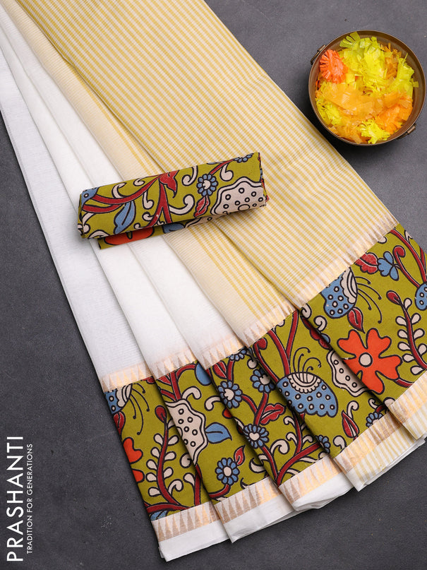 Mangalgiri cotton saree off white and light green with plain body and kalamkari applique work border
