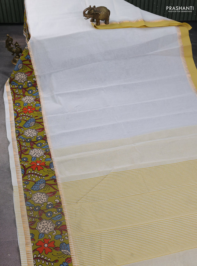 Mangalgiri cotton saree off white and light green with plain body and kalamkari applique work border