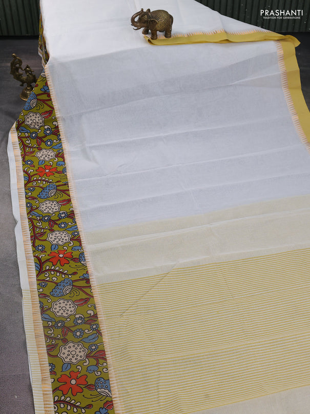 Mangalgiri cotton saree off white and light green with plain body and kalamkari applique work border