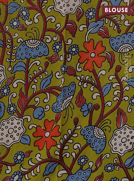 Mangalgiri cotton saree off white and light green with plain body and kalamkari applique work border