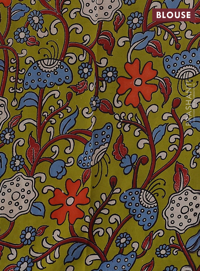 Mangalgiri cotton saree off white and light green with plain body and kalamkari applique work border