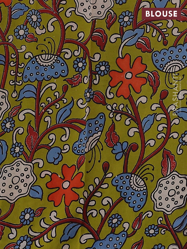 Mangalgiri cotton saree off white and light green with plain body and kalamkari applique work border