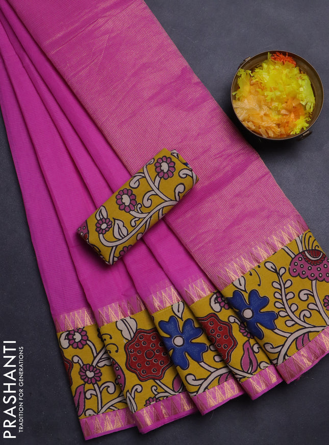 Mangalgiri cotton saree pink and yellow with plain body and kalamkari applique work border
