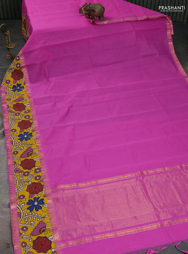 Mangalgiri cotton saree pink and yellow with plain body and kalamkari applique work border