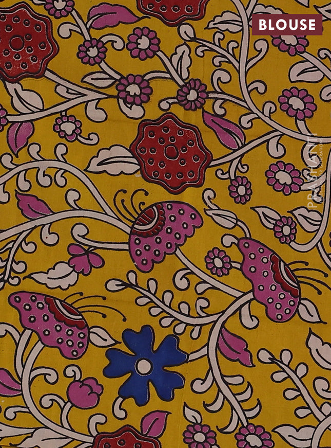 Mangalgiri cotton saree pink and yellow with plain body and kalamkari applique work border