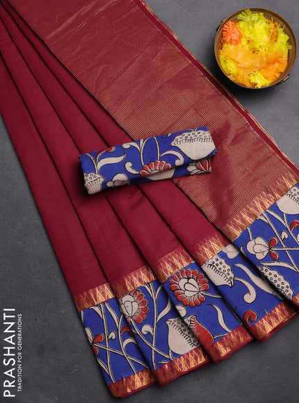 Mangalgiri cotton saree maroon and blue with plain body and kalamkari applique work border