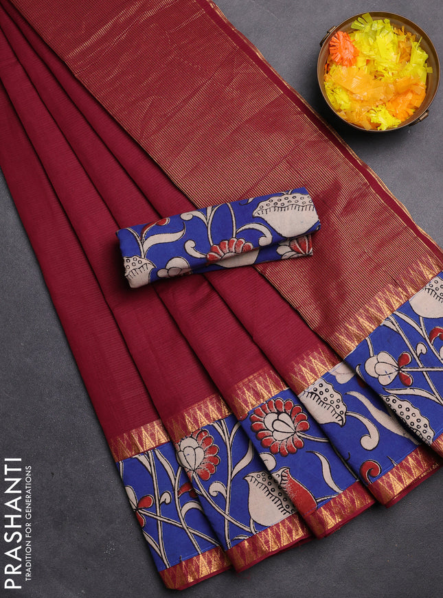 Mangalgiri cotton saree maroon and blue with plain body and kalamkari applique work border