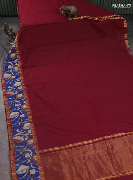 Mangalgiri cotton saree maroon and blue with plain body and kalamkari applique work border