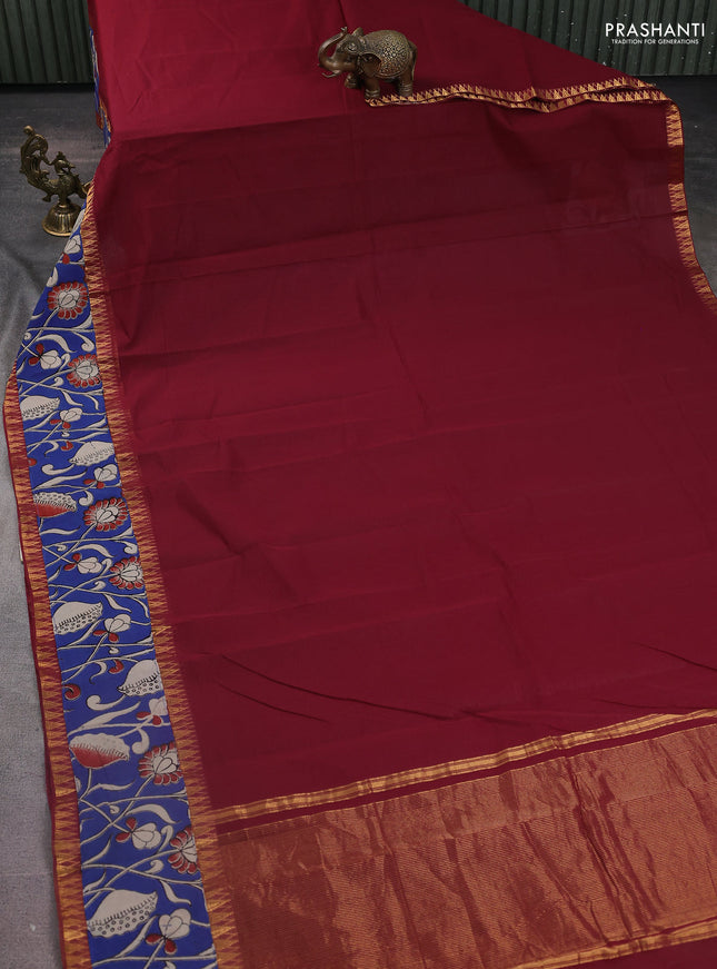 Mangalgiri cotton saree maroon and blue with plain body and kalamkari applique work border