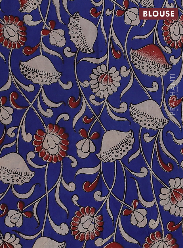 Mangalgiri cotton saree maroon and blue with plain body and kalamkari applique work border