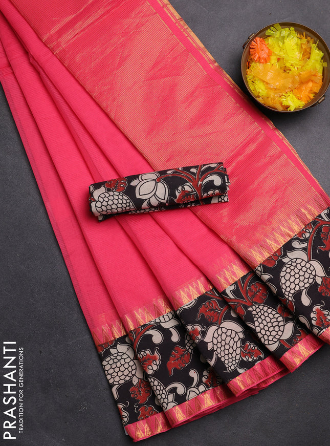 Mangalgiri cotton saree pink and black with plain body and kalamkari applique work border