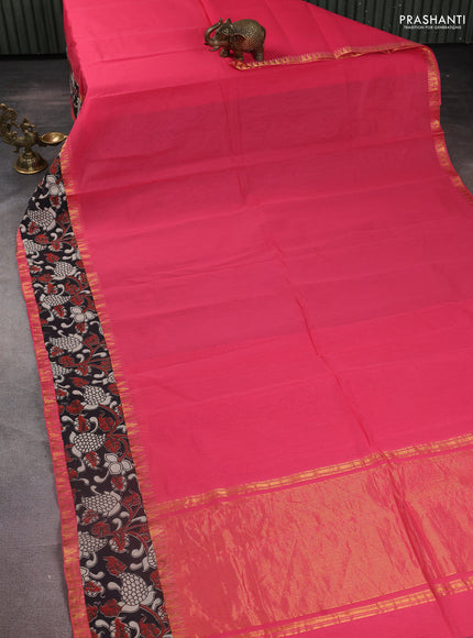 Mangalgiri cotton saree pink and black with plain body and kalamkari applique work border