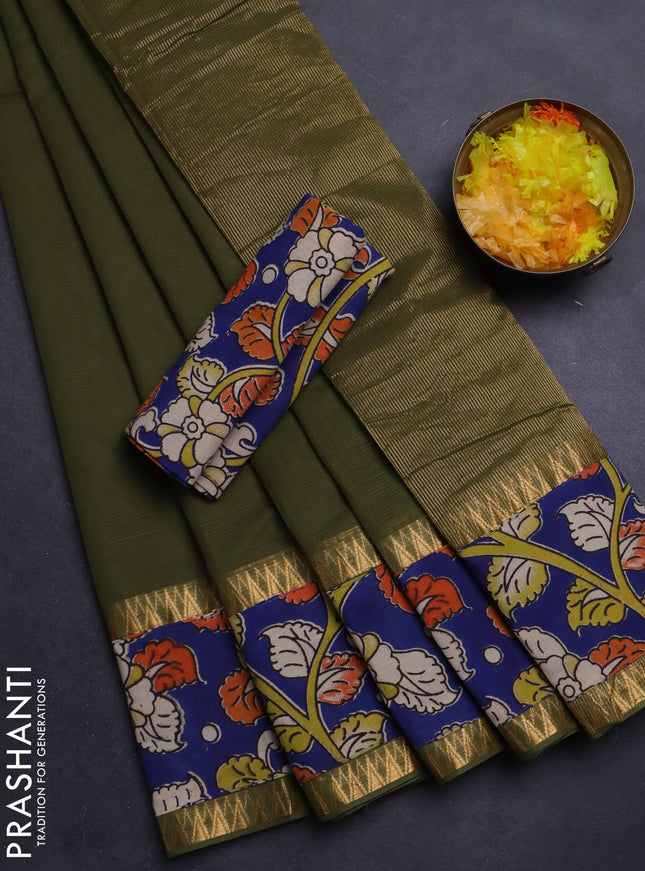 Mangalgiri cotton saree sap green and blue with plain body and kalamkari applique work border