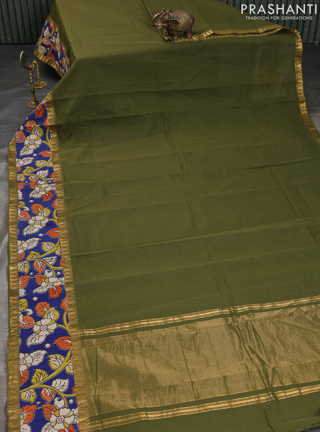 Mangalgiri cotton saree sap green and blue with plain body and kalamkari applique work border