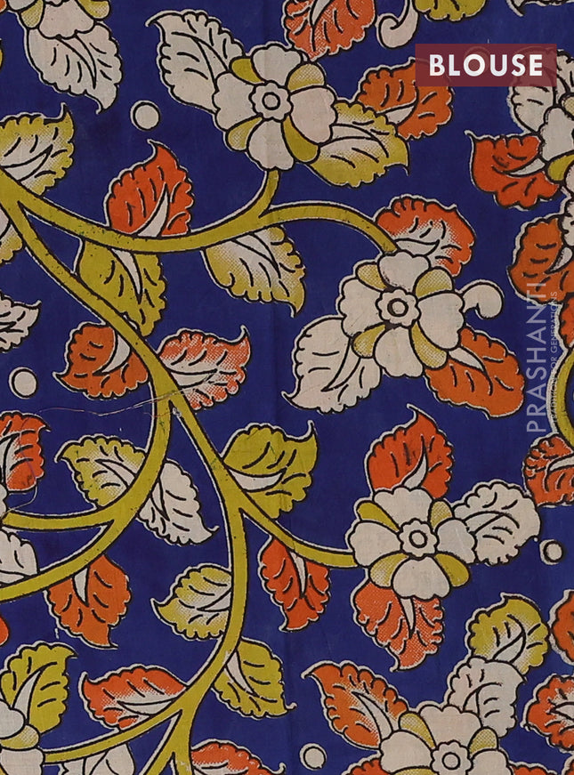 Mangalgiri cotton saree sap green and blue with plain body and kalamkari applique work border