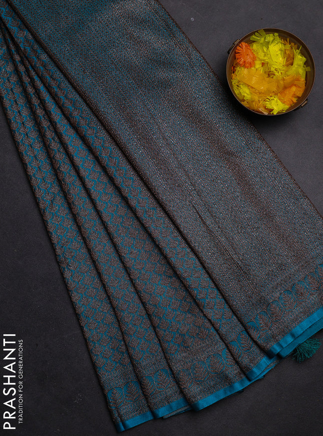 Banarasi mushru saree teal blue with allover thread & zari weaves and woven border