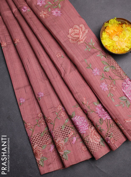 Semi raw silk saree brown shade with embroidery buttas and floral embroidery cut work border