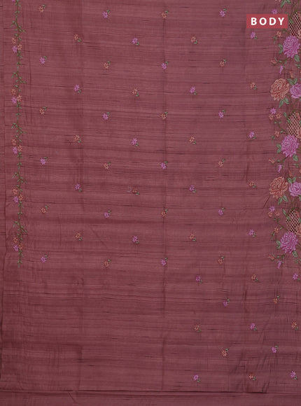 Semi raw silk saree brown shade with embroidery buttas and floral embroidery cut work border