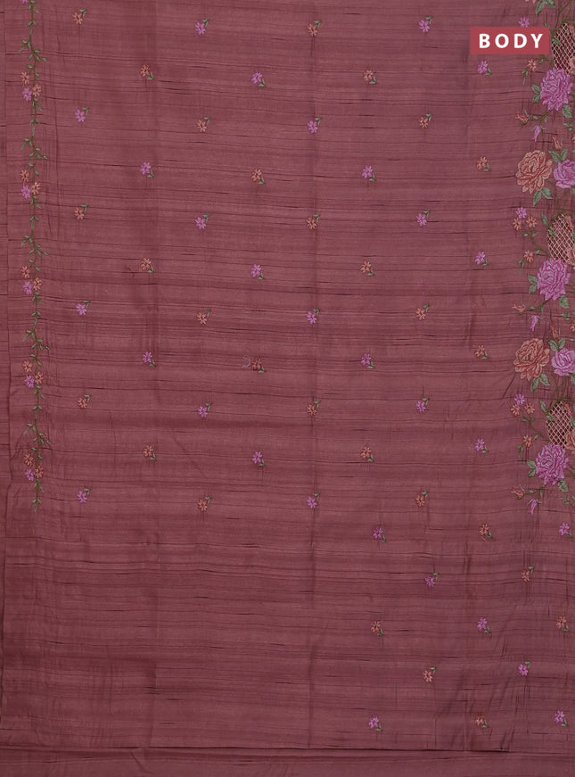 Semi raw silk saree brown shade with embroidery buttas and floral embroidery cut work border