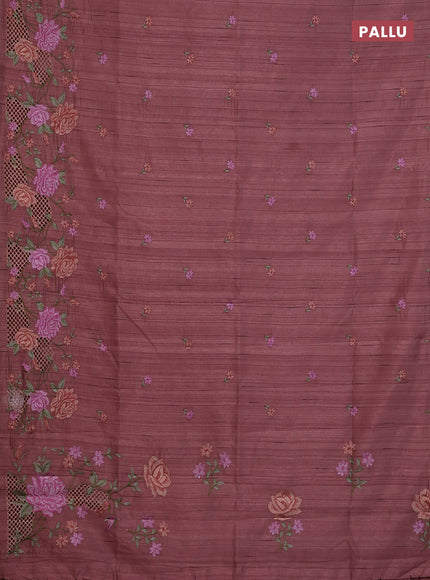 Semi raw silk saree brown shade with embroidery buttas and floral embroidery cut work border