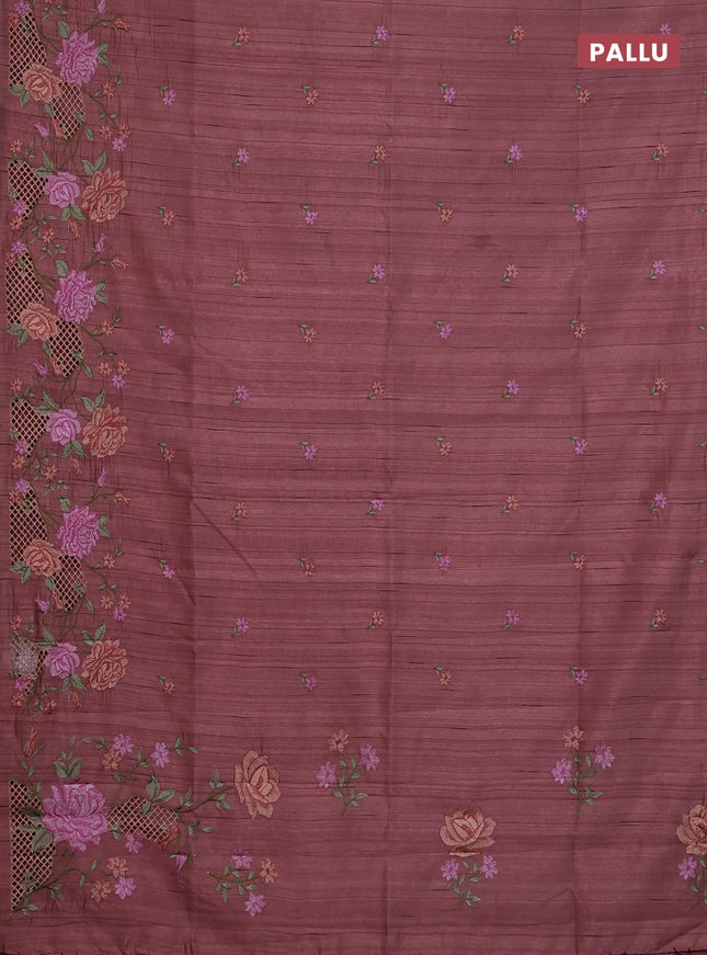 Semi raw silk saree brown shade with embroidery buttas and floral embroidery cut work border
