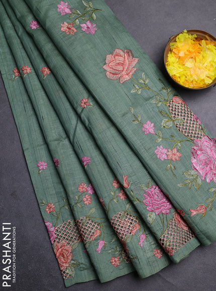 Semi raw silk saree green shade with embroidery buttas and floral embroidery cut work border