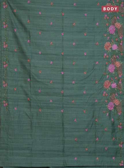 Semi raw silk saree green shade with embroidery buttas and floral embroidery cut work border