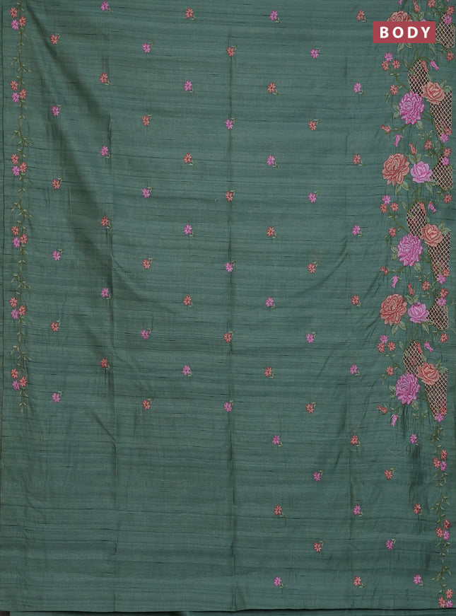 Semi raw silk saree green shade with embroidery buttas and floral embroidery cut work border