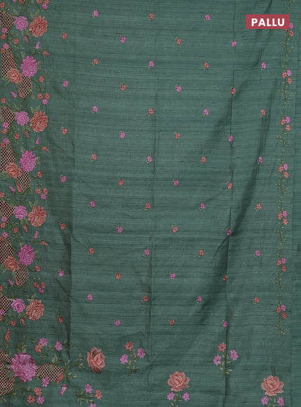 Semi raw silk saree green shade with embroidery buttas and floral embroidery cut work border