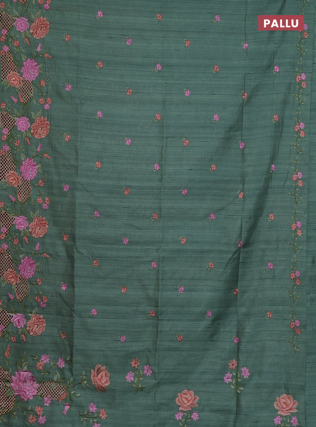 Semi raw silk saree green shade with embroidery buttas and floral embroidery cut work border