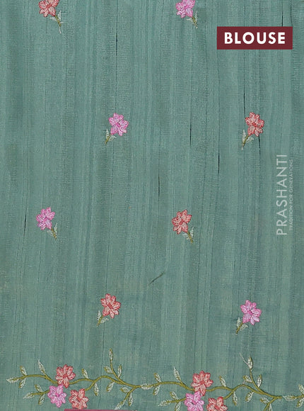 Semi raw silk saree green shade with embroidery buttas and floral embroidery cut work border