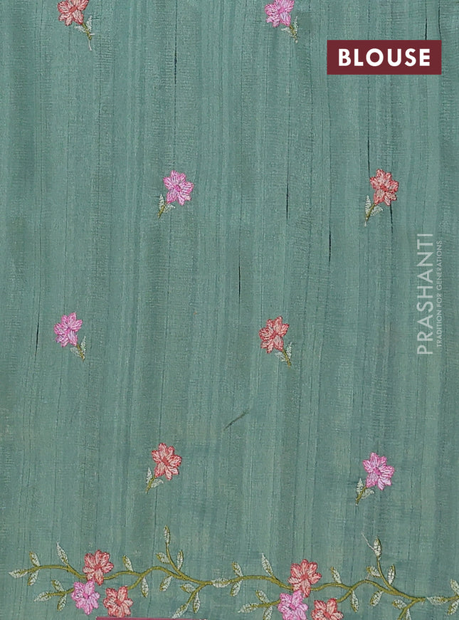 Semi raw silk saree green shade with embroidery buttas and floral embroidery cut work border