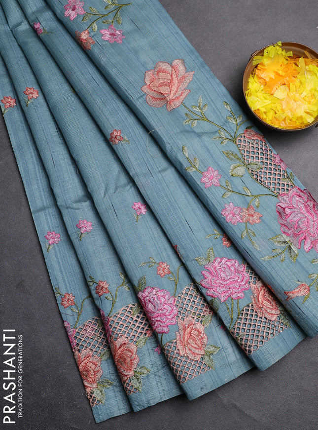 Semi raw silk saree pastel blue shade with embroidery buttas and floral embroidery cut work border