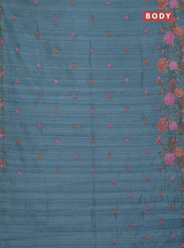 Semi raw silk saree pastel blue shade with embroidery buttas and floral embroidery cut work border