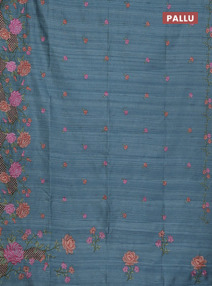 Semi raw silk saree pastel blue shade with embroidery buttas and floral embroidery cut work border