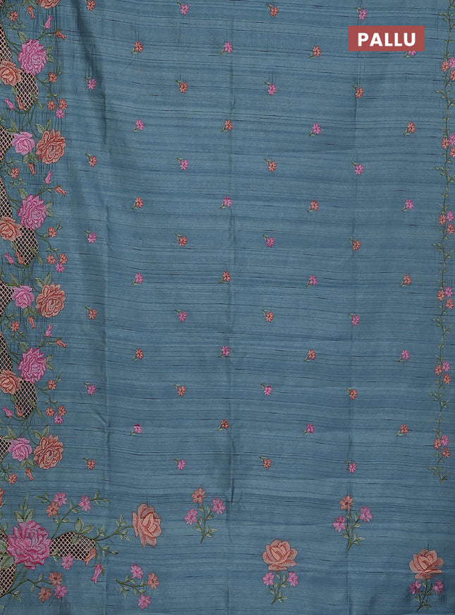 Semi raw silk saree pastel blue shade with embroidery buttas and floral embroidery cut work border